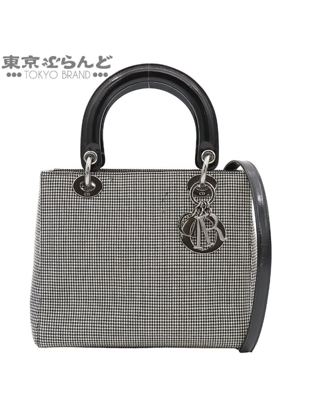 Dior Medium 2-Way Handbag Houndstooth Black White Canvas Leather